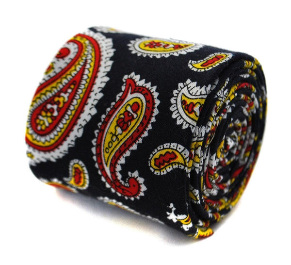 skinny cotton black tie with red and yellow paisley design
